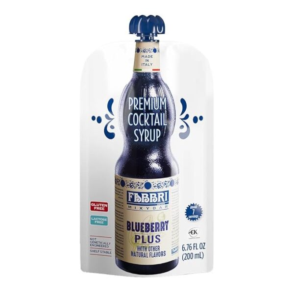 Premium Italian Fruit Syrup, Blueberry, Natural Ingredients, Non-GMO, Gluten Free, ideal for Cocktails, Mocktails, Smoothies & Sodas, Made in Italy, squeezable pouch of 6.76 fl oz (200ml)