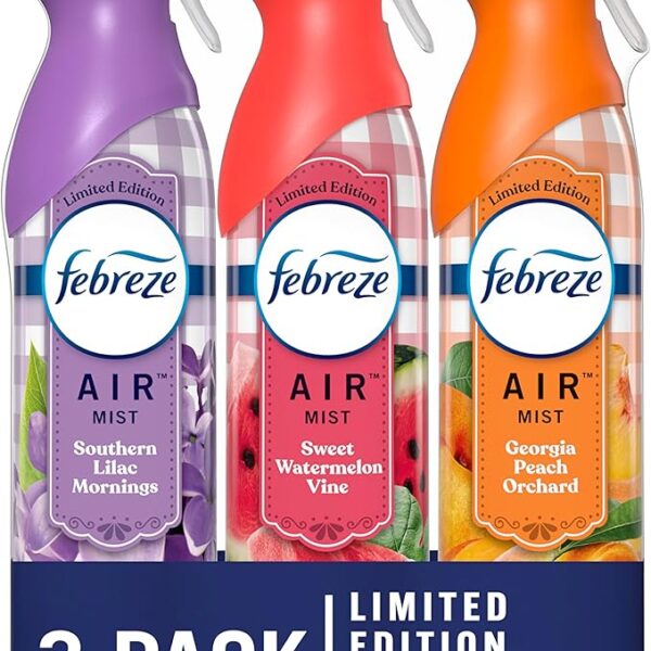 Air Mist Air Freshener Spray, Odor-Fighting Room Spray for Home, Bathroom and Kitchen, Aerosol Can, Southern Lilac Mornings, Georgia Peach Orchard, Sweet Watermelon Vine Scent, 8.8oz, 3 Count